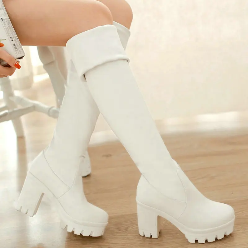 Autumn Winter Women Over the Knee Boots Platform Square High Heel Ladies Thigh Boots PU Leather Round Toe Woman's