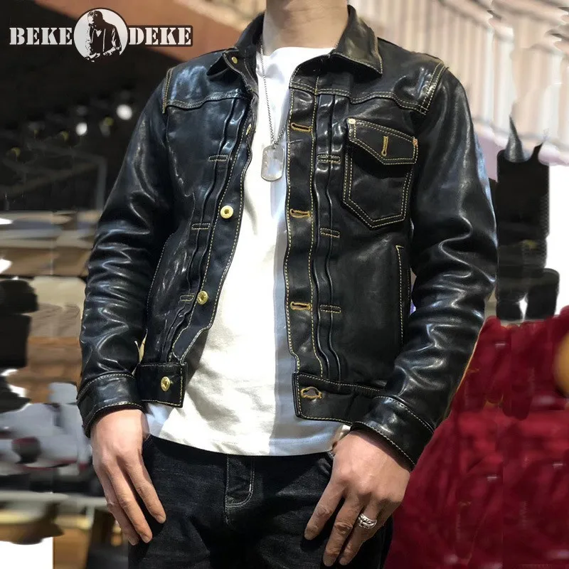 

100% Natural Horsehide Short Jacket Men Rock Slim Fit Moto Biker Genuine Leather Jackets Unisex Vintage Windproof Riding Coat