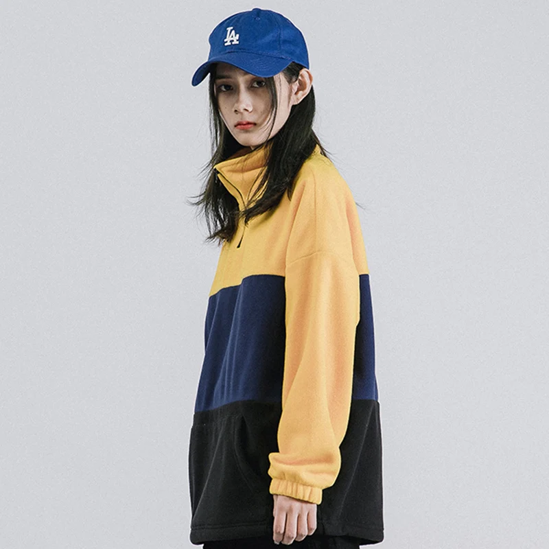 Ретро винтажная Куртка хип хоп Уличная Мужская Harajuku цветной модульный пуловер куртка Половина на молнии осень зима флисовая куртка, пальто