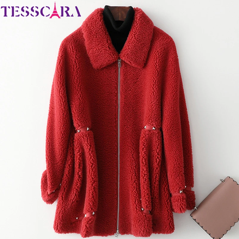 

TESSCARA Women Winter Warm Wool Blend Basic Jacket Coat High Quality Female Fur Leather Suede Beading Jackets Outerwear & Coats