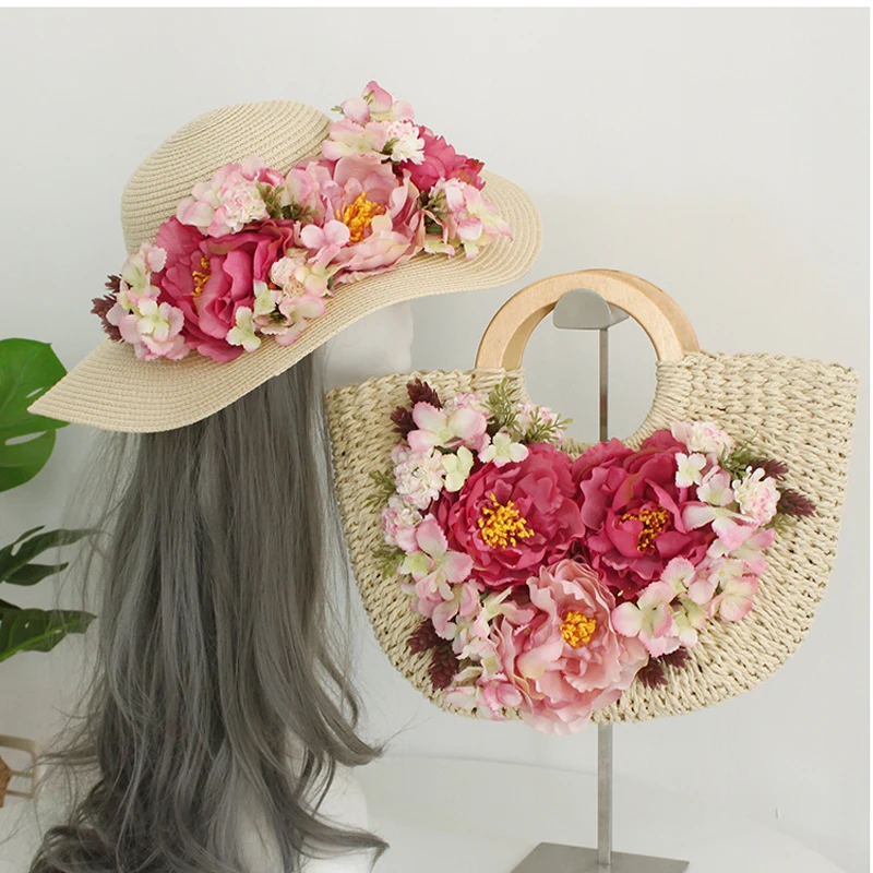

Flowers Handmade Straw Beach Bag Round Wood Handle Handbag for Women Larger Capacity Rattan Totes Casual Woven Bag 2021 NEW