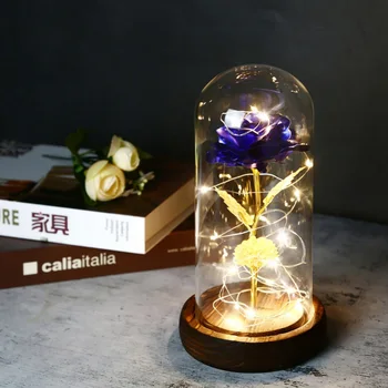 

Valentines Day Gift 24k Gold Foil Plated Gold Rose In A Glass LED Rose Flower Light Wooden Base Glass Dome Best Mother's Day
