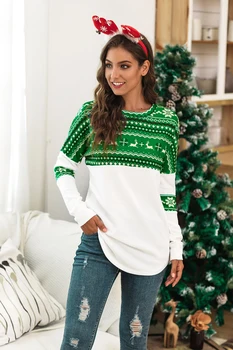 Christmas elk cartoon snowflake stitching color block pullover t-shirt casual basic costumes tops