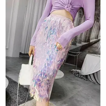 

Designer Runway Iridescent Holo Fringe TIered Sequin Midi Pencil Skirt Tassel
