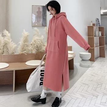 

Aulead Autumn Winter Woman Fleece Hoodies Long Sleeve Hoody Ladies Fashion Print Applique Front Pocket Side Slit Long Hooded 50c