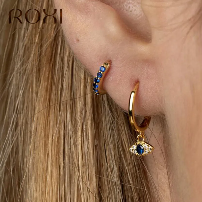 ROXI новые серебряные Подвесные серьги-гвоздики с 925 пробы злой глаз для женщин, мини циркониевые голубые глаза, маленькие серьги-гвоздики