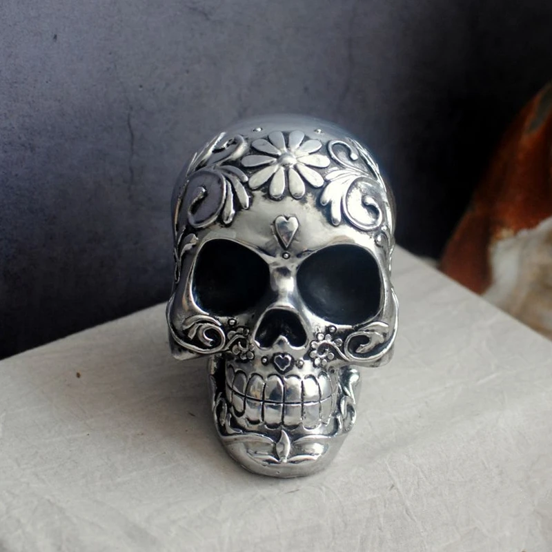 Silver Plating Pattern Skull Decor Statues Modern Resin Sculpture Home Decoration Ornaments Accessories Halloween Gift | Дом и сад