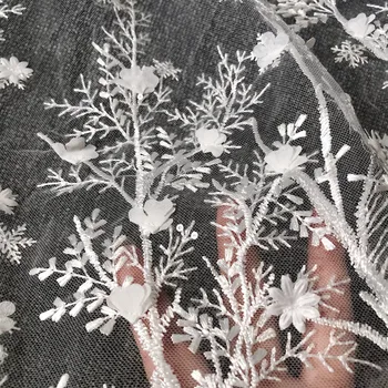 

White Pink Blue 3D Chiffon Flowers Applique Fabric Snowflake Sequin Embroidery Wedding Dress Lace Fabric Free Shipping RS2928