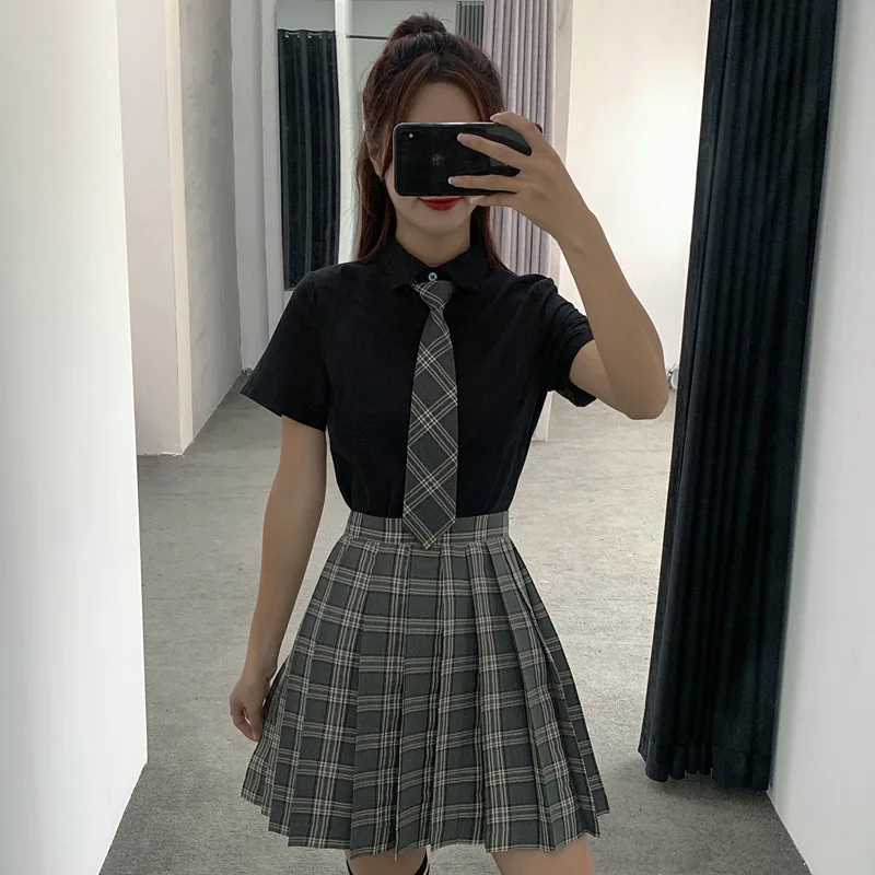

Short Sleeve +Tie +Skirt JK Uniform Student Sailor Suit Girls High Waist Plaid Pleated Skirts JK School Uniform Anime Clothes