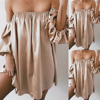 

Hirigin Summer Women Fashion Off Shoulder Strapless Ruffles Soft Stain Loose Short Mini Dress Sundress