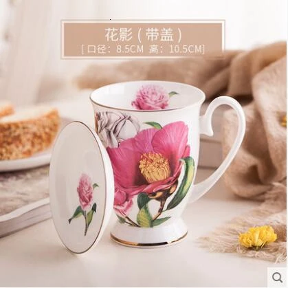 Костяного фарфора, кружка для воды, для офиса, керамическая с крышкой, ложка, цветок, простая чашка для завтрака, молока, кофе, фарфоровая, европейский стиль, 320 мл - Цвет: 18