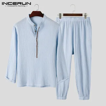 

INCERUN Autumn Mens Cotton Pajamas Sets Long Sleeve Buttons Tops Long Pants Sleepwear Suits Solid Comfy Pajamas Suits Plus Size
