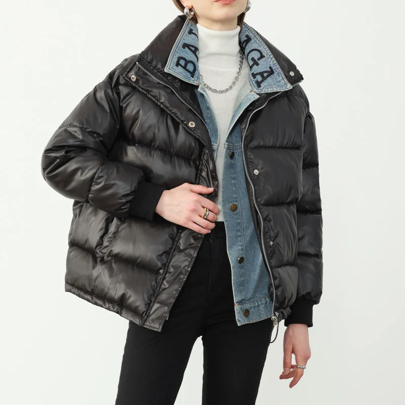 Winter women's coat cotton clothing casual solid color fake two denim stitching | Женская одежда