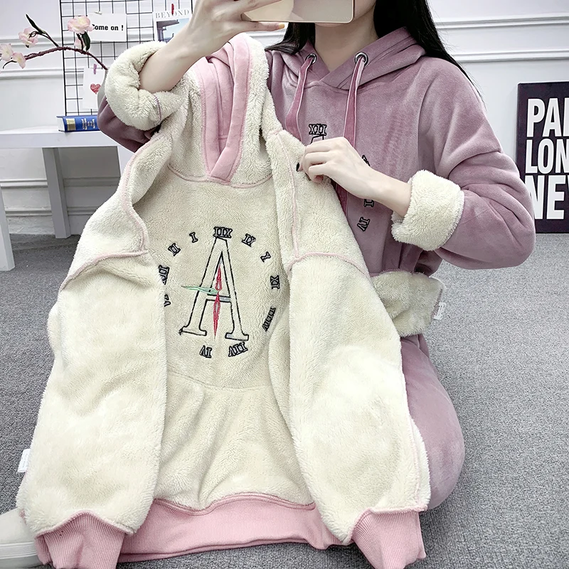 

Winter Women Sportswear Thickness Fleece Warm Hoodie Sweatshirt+pant Running Jogger Fitness Casual Gym Set Sport Suit Tracksuit
