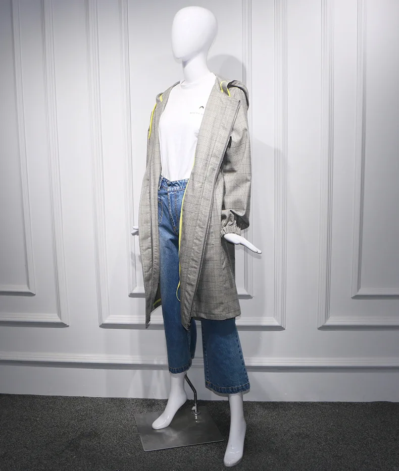 

Hit-coloured Wrap-edge Plaid Mid-length Hooded Trench Coat 2019 Hooded Zippers Trench Coat for Women