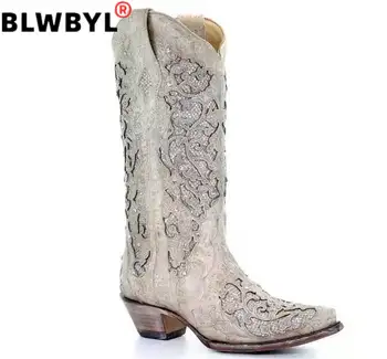 

Women Mid-Calf Boots Spring Low Heel Women Boots Embroidered Cool British Crystal Design Soft Short Boots Party Knee High Boots
