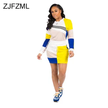 

Color Block Causal 2 Piece Skirt Set Women Round Neck Long Sleeve Crop Top and Mini Pencil Skirts Plus Size Fall Winter Outfits