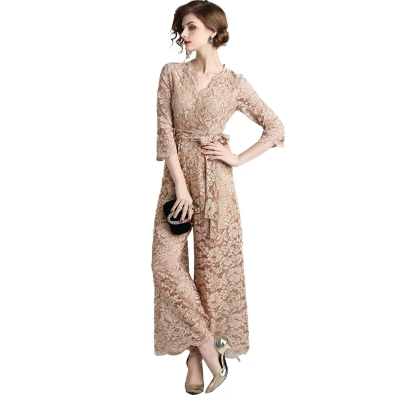 Элегантный кружевной комбинезон для женщин, вечерние, для клуба, Boho, комбинезон с v-образным вырезом, длинный комбинезон, широкие штаны, комбинезоны, комбинезоны для офисных леди - Цвет: As Picture