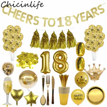 

Chicinlife Gold Theme 18th Birthday Party Banner Confetti Balloon Anniversary Paper Plates Adult 18 Years Old Birthday Supplies