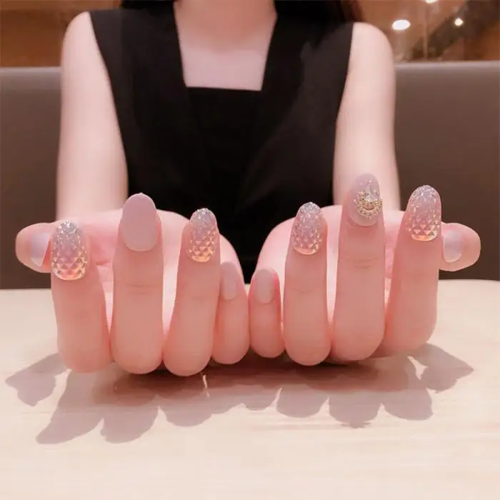 Блестящие Розовые обнаженные накладные ногти миндальные ногти художественные советы 3D Стразы накладные ногти с клеем офисные на палец накладные ногти