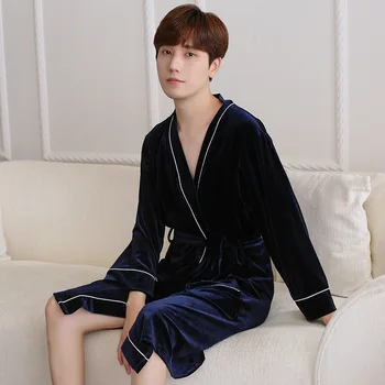 

Navy Blue Velour Kimono V-Neck Mens Spring Sleep Robe Pajamas Sleepwear Male Home Wear Nightgown Bath Gown Sleepshirts L-XXL
