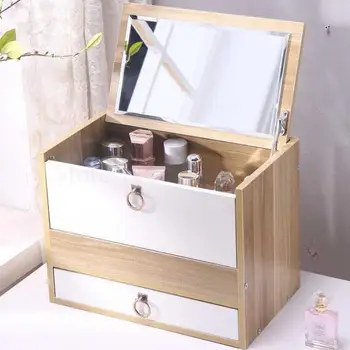 

Large Wooden Cosmetics Receipt Box Desktop With Mirror Drawer Type Shelf Dressing Table Cosmetics Box Household