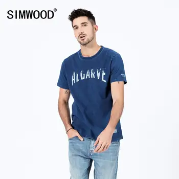 

SIMWOOD 2020 Summer New T-shirts Men 240 Heavy Fabric Thick Indigao Dyed Letter Print Vintage 100% Cotton Plus Size tshirt Tops