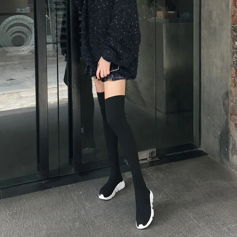 

Black fashion flat socks boots 2020 trendy ladies over the knee boots comfortable non-slip large size women's boots