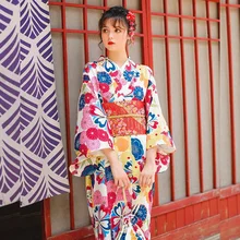 Юката Женские кимоно традиционное японское кимоно платье Obi Haori японская косплей одежда Гейша костюм FF2354