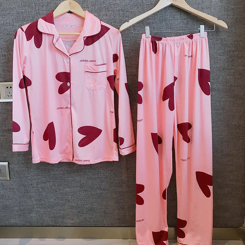 

Long Sleeve Knitted Cotton Pajamas Women's 19 Years New Style Fold-down Collar Pajamas-Outer Wear Homewear Set
