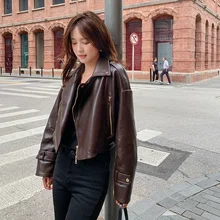 Spot Goods Main Promotion Data 2021 Spring Autumn Short Brown Leather Clothing Multiple Zippers Lapel Jacket Locomotive Style