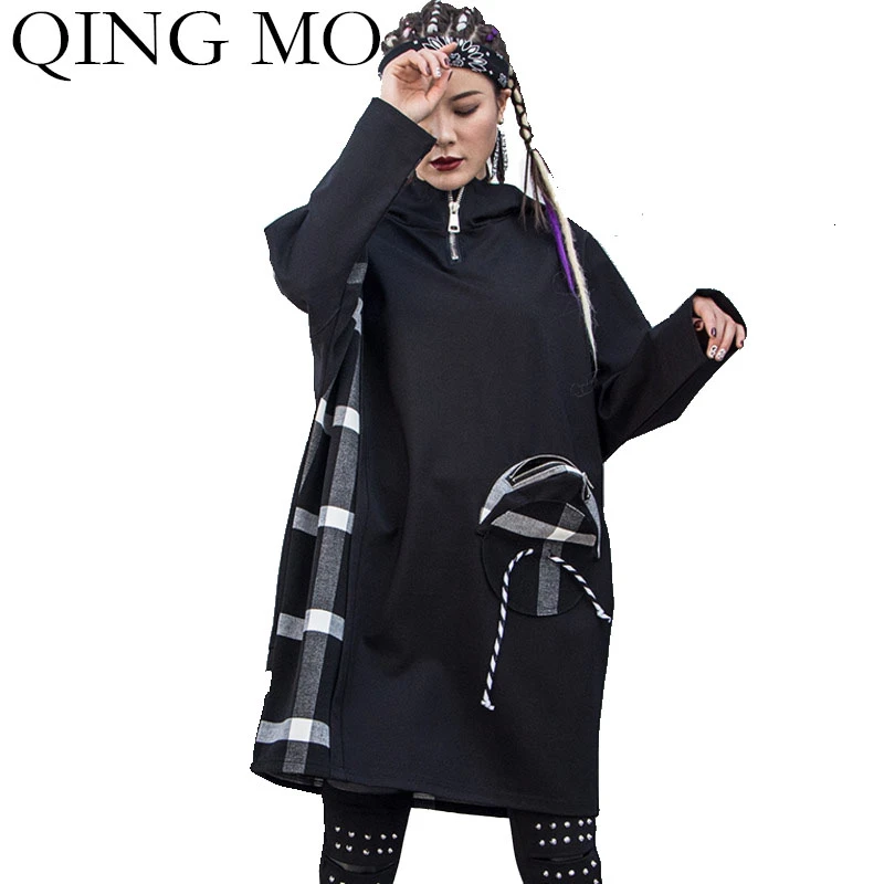 QING MO черный женский пуловер толстовка 2019 Женская клетчатая Лоскутная Толстовка