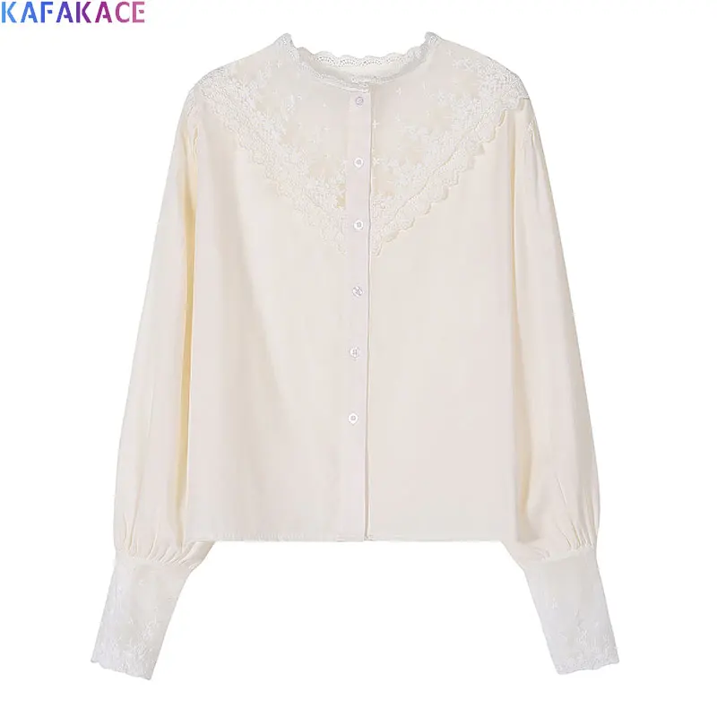 

KAFAKACE 2020 Chiffon Blouses Lace Blusas Spliced Shirts Women Casual Elegant Tops Long Sleeve Shirts New Slim Blouses Clothing