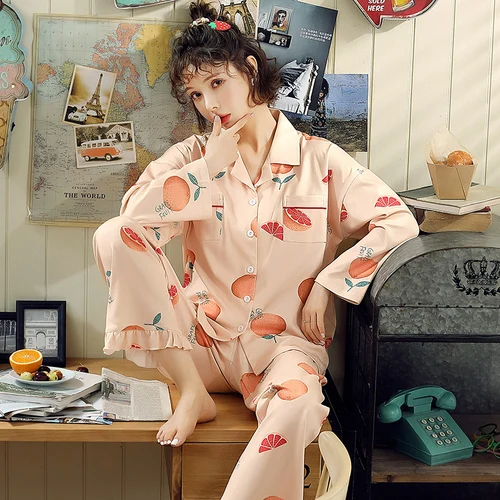 Осенне-зимний женский хлопковый пижамный комплект с длинными рукавами, корейский кавайный свободный комплект одежды для отдыха для взрослых и женщин, пижама для вечеринки, верхняя одежда - Цвет: C HT 8902