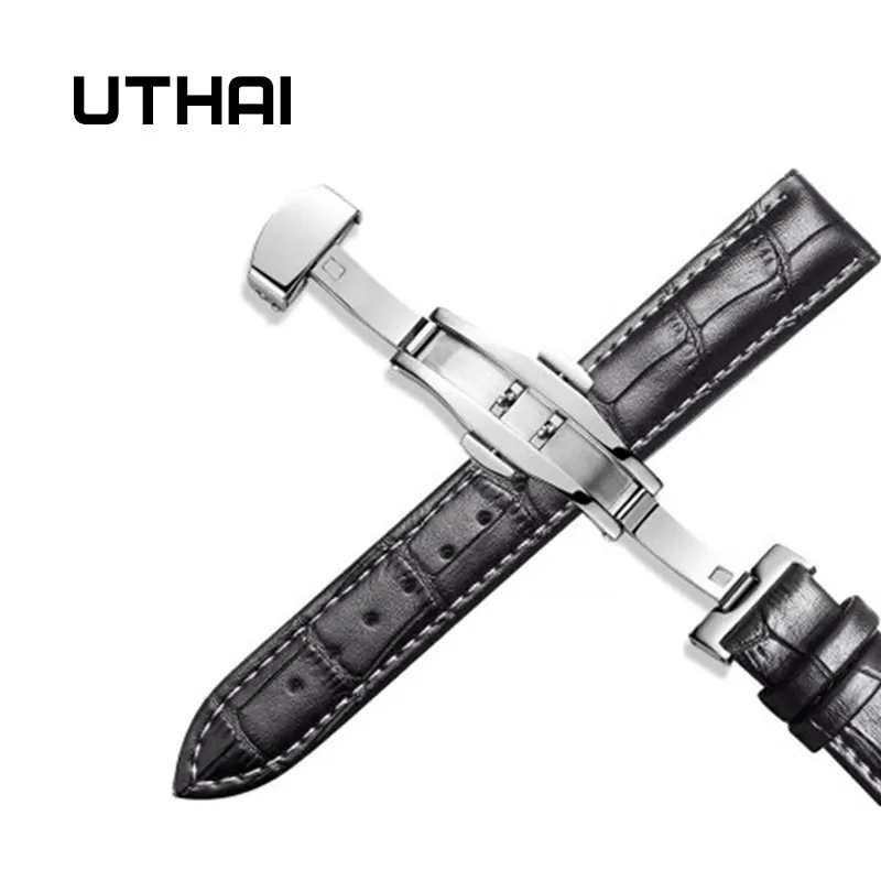 UTHAI Z09 плюс Натуральная кожа Ремешки для наручных часов 12-24 мм Универсальные часы Бабочка Пряжка группа сталь Пряжка ремешок наручный ремень браслет - Цвет ремешка: Silver-black-white