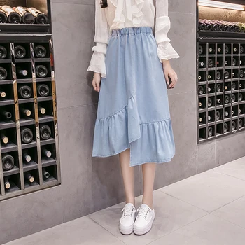 

Irregular Midi Skirt Womans Solid Pleated High Elastic Waist A Line Denim Skirts Summer Blue A-line Elastic Waist Skater Jurken