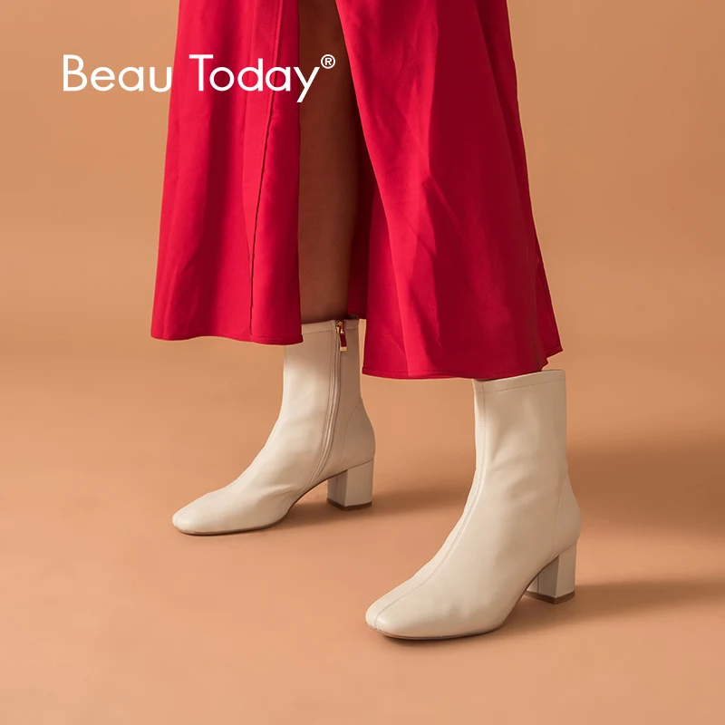 BeauToday/сапоги на высоком каблуке; женские зимние ботильоны из натуральной овечьей кожи с квадратным носком и боковой молнией; ручная работа; 03370