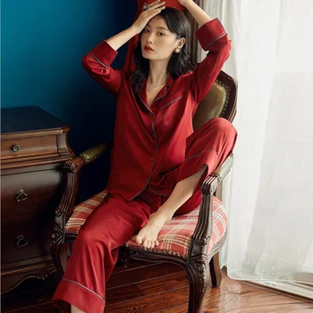 

Women Fashion Solid Turn-Down Collar Pajamas Sexy Loose Style Full Sleeves Home Wear Female Silk Sleepwear for Winter Spring