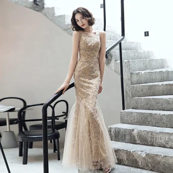 

Champagne Lace Evening Party Dress Sexy Fishtail Appliques Formal Dress Elegant Women Mesh Evening Dress Vestidos De Festa