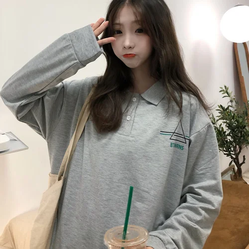 Letters Printed Polo Shirt Women Long Sleeve Autumn Winter New Loose Casual Printing Lapel Shirt Lady Black Grey Bottoming Tops - Цвет: Серый