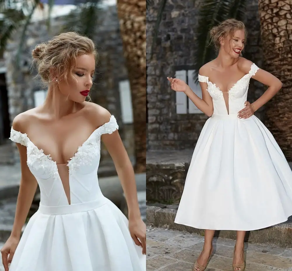 

Simple V Neck Short Wedding Dress 2020 Robe De Mariage Appliques Lace Tea-length Satin Bridal Gown vestidos novia cortos