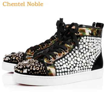 

2019 Luxury Brand Chentel Noble Gold Spiked Rivet Leather Loafers Men Casual Shoes Party Dress Shoes Men Flats Sneakers Crystal