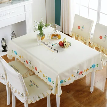 

Embroidery Table Cloth Rectangular Table Cover for Wedding Party Dining Room Pastoral Tablecloth with Flowers Chair Cover
