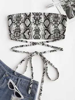 

ZAFUL 2019 Sexy Women Strappy Tanks Vest Crop Top Summer Sleeveless Snake Print Criss Cross Tube Crop Top Beach Women Tank Tops