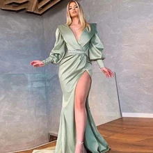 Robe De bal en Satin à manches longues, avec fente latérale, longueur au sol, Sexy, col en V, robes De soirée personnalisées pour femmes