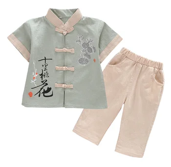

2019 Summer Chinese Style Hanfu Costume Children's Cotton Short Sleeve Traditional Dance Clothe Kids Boys Girls Folk CostumeZL28