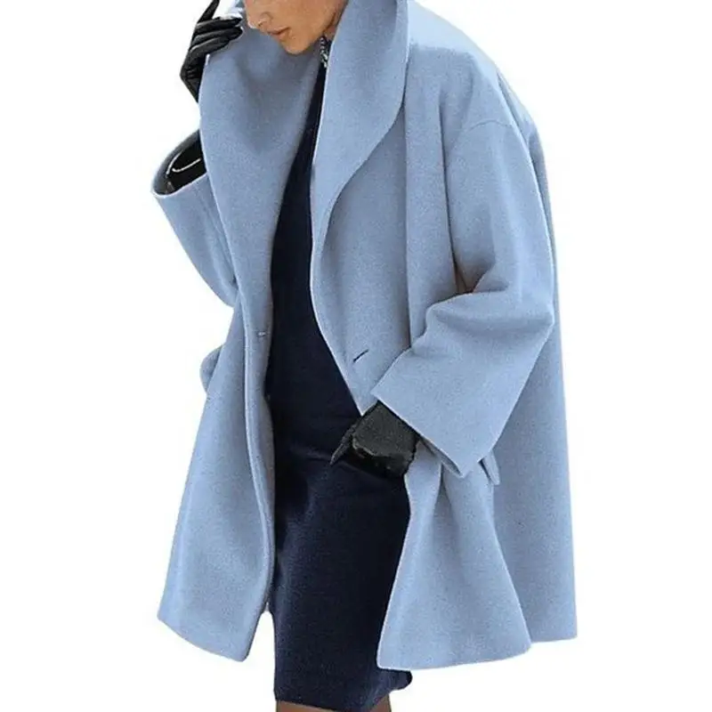Женское зимнее шерстяное пальто размера плюс, Женское шерстяное пальто с воротником с лацканами, теплое шерстяное пальто с карманами, однотонная длинная верхняя одежда