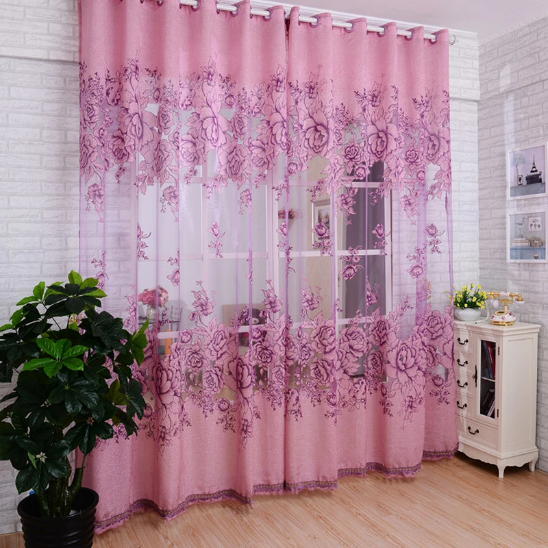 1Pc Window Curtain Luxurious Upscale Jacquard Yarn Curtains Peony Pattern Voile Door Window Curtains Living Room Bedroom Decor