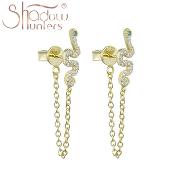 

SHADOWHUNTERS Genuine 925 Sterling Silver Snake Green Eyes Crystal Chain Drop Earrings For Women High Quality Party Jewelry Gift