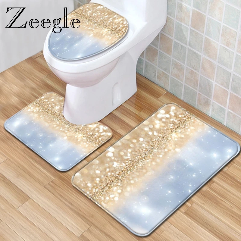 Zeegle Bathroom Mat Set Toilet Rug Toilet Seat Cover Flannel Anti-Slip Shower Room Mat  Bathroom Decoration Rug Absorption Rug